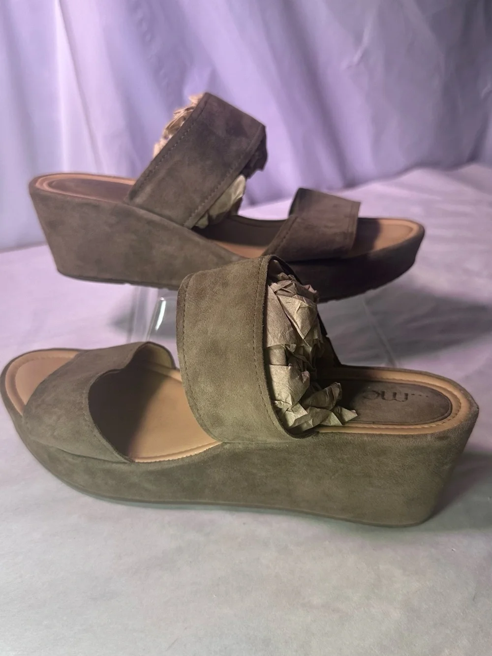 Two-Strap Suede Wedge Sandal - Cognac Brown